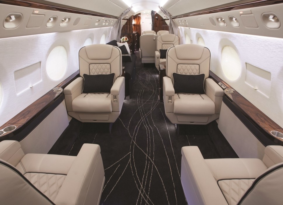 A Gulfstream G550 private jet cabin refurbished by Duncan Aviation