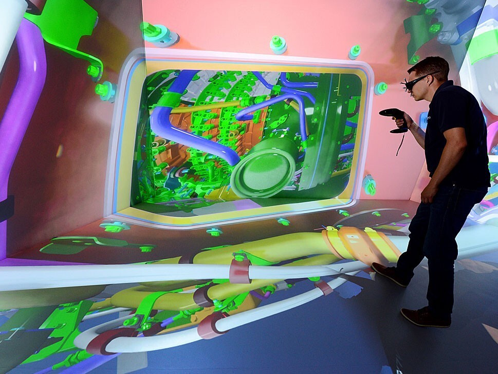 Aircraft engine mechanic undergoing VR training at Rolls-Royce
