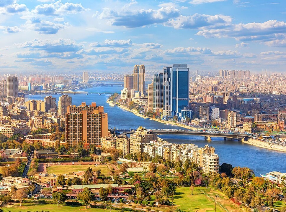 Business district lines the River Nile in Cairo, Egypt