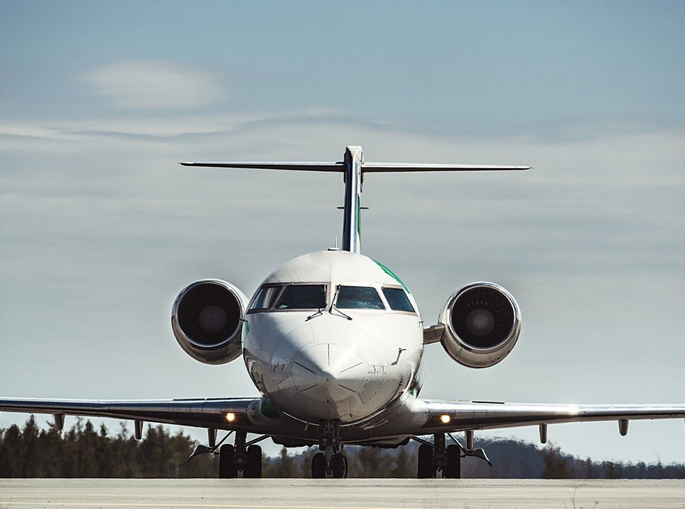 Front view of a Bombardier Global large private jet
