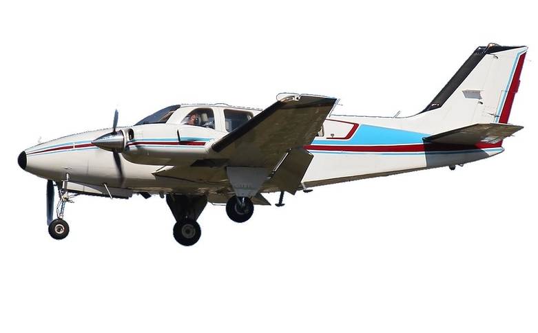 1978 beechcraft 58p baron aircraft has been cropped onto a white baackground paintwork in white with maroon and blue stripe